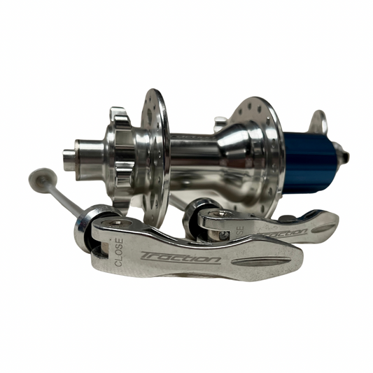 Traction Rush XC 11 Speed Hub Set with QR Skewers (Silver w/ Blue Freewheel)