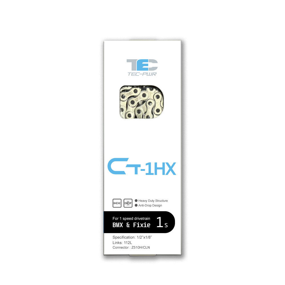 TEC-PWR Single Speed Chains by KMC (CT-1 or CT-1HX, 116L w/ Missing Link, 1/2 x 1/8in, BMX, Fixed, Track)