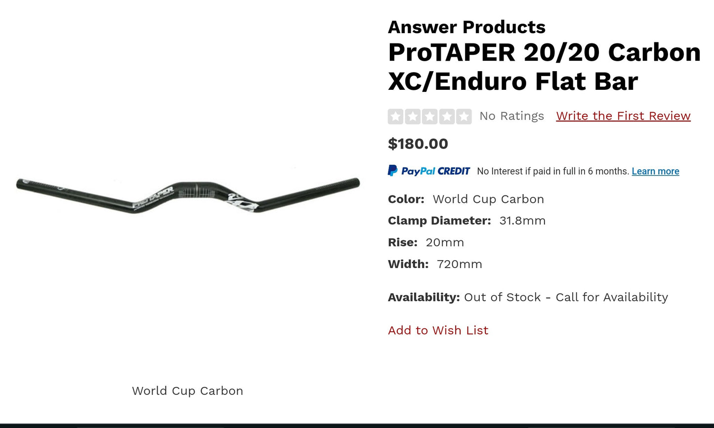 ProTaper Carbon 20/20 Handlebars (720mm w/ 20° Backsweep & 20mm Rise)