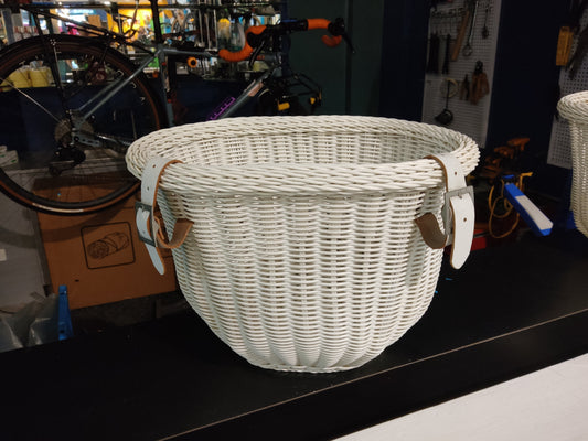 White Wicker Basket with Leather Handlebar Straps