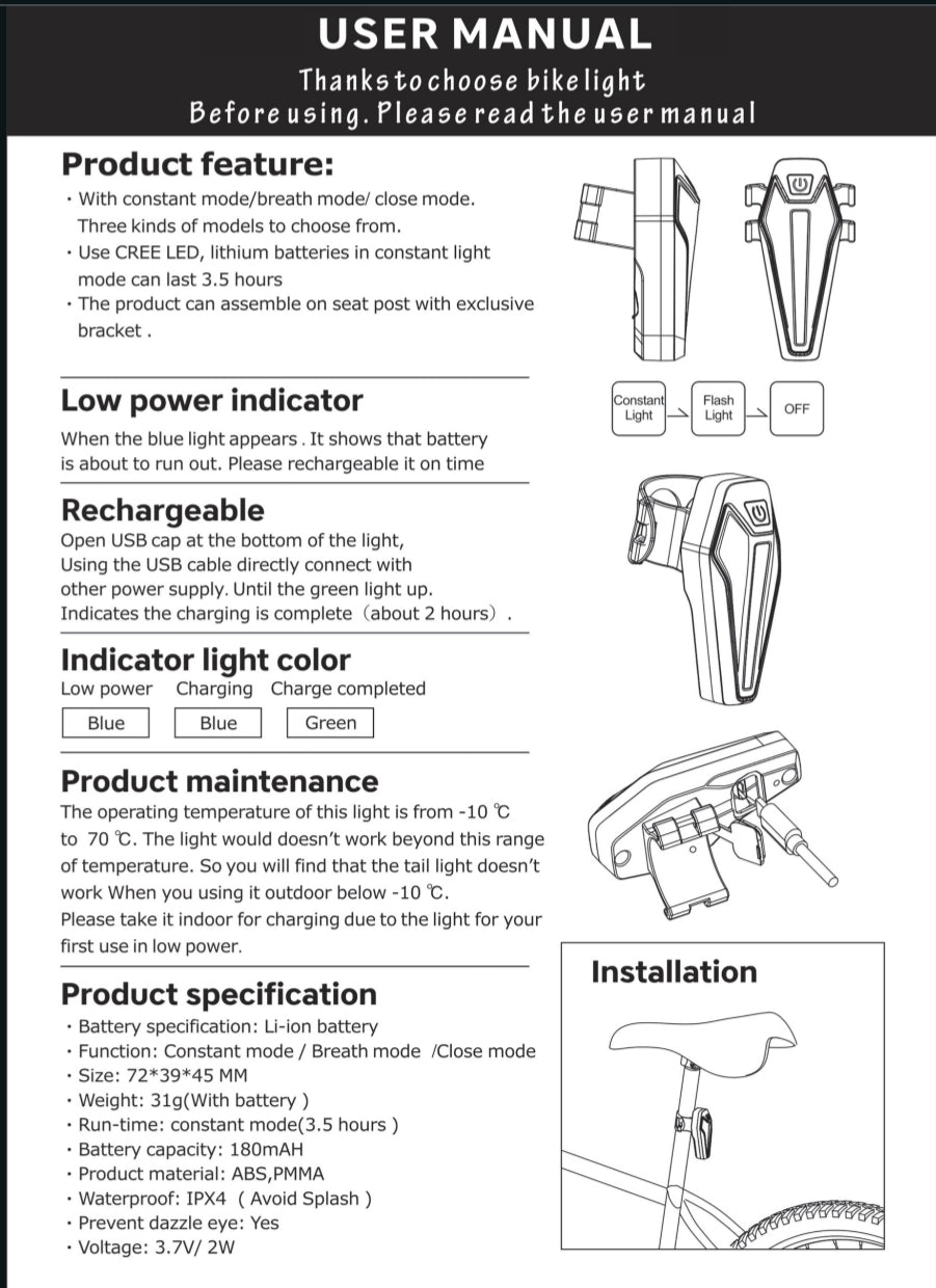 Sate-Lite LR-01 Rechargeable IPX5 Waterproof Rear Light