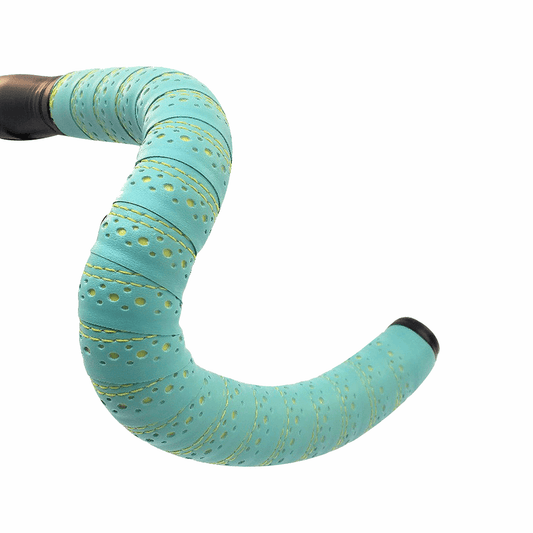 BTP Synthetic Leather Bar Tape in celeste with yellow stitching.